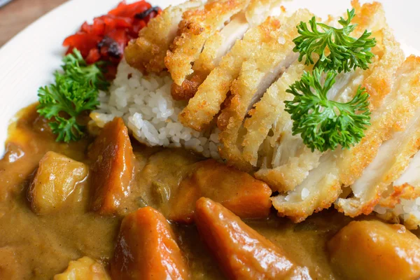 Tonkatsu, chuleta japonesa de cerdo frito encima con curry — Foto de Stock