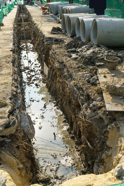 Concrete pipeline construction site at the road — Stock Photo, Image