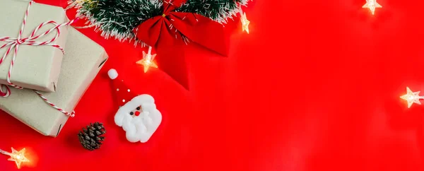 Christmas Festive Decoration Red Background Copy Space Top View — Stock Photo, Image