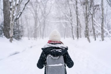 Genç kadın gezgin kar yağışı sırasında ormanda yürüyor.