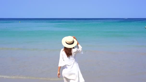 Young Woman Traveler Enjoying Summer Vacation Tropical Sand Beach — Stock Video
