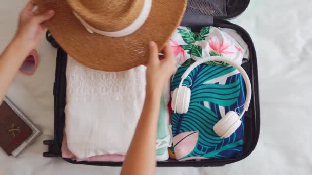 Young Woman Traveler Holding Passport Suitcase Luggage Ready Travel — Stock Video