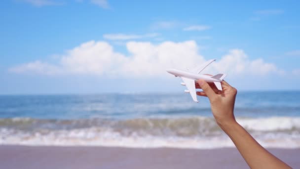 Main Tenant Avion Miniature Plage Tropicale Par Une Journée Ensoleillée — Video