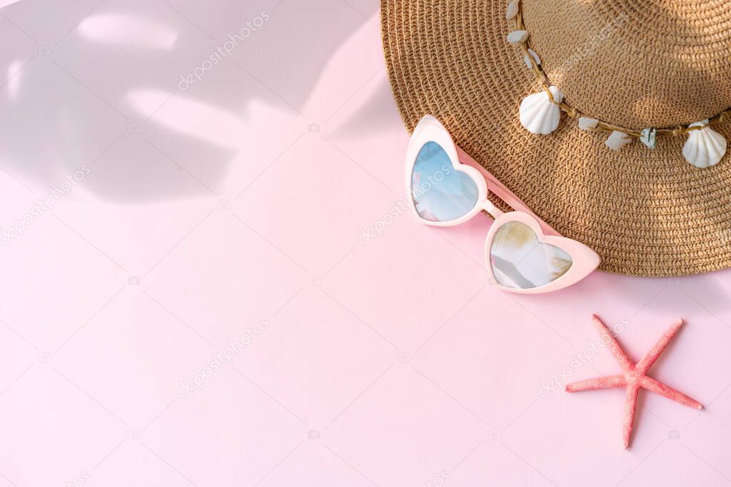 Travel accessories items on color background with copy space, Summer vacation concept