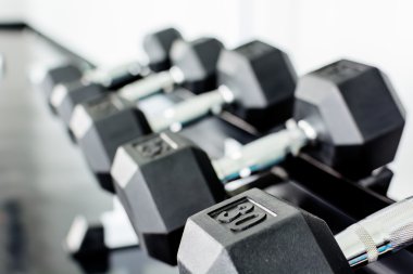 Bir spor salonunda bir raf üzerinde halter satırlar