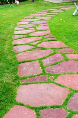 Taş yol yeşil çim ile parkta yürümek