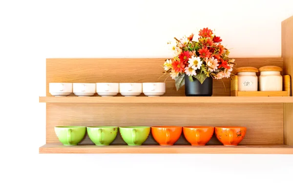 Wooden shelf with cup of coffee — Stock Photo, Image