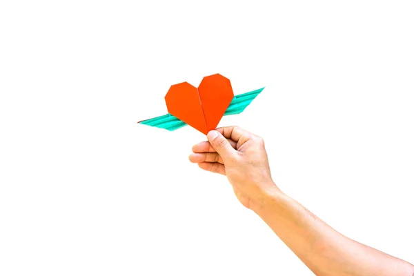 Hand with red heart shape paper — Stock Photo, Image