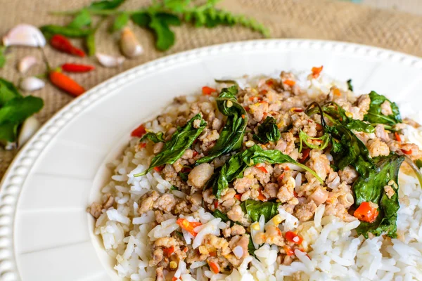 Arroz cubierto con cerdo frito y albahaca — Foto de Stock