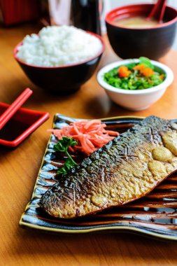Saba teriyaki set with rice and miso soup