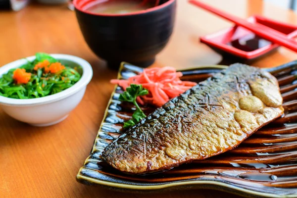 Saba teriyaki set with rice and miso soup — ストック写真