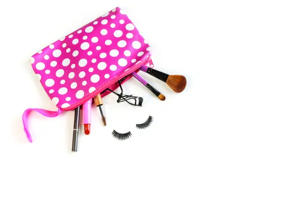 Make up bag with cosmetics and brushes isolated — Stock Photo, Image