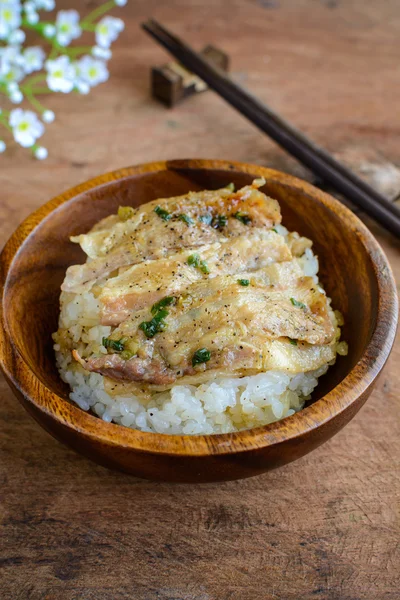 Salz und schwarzer Pfeffer gegrilltes Schweinefleisch mit japanischem Reis in Holz — Stockfoto