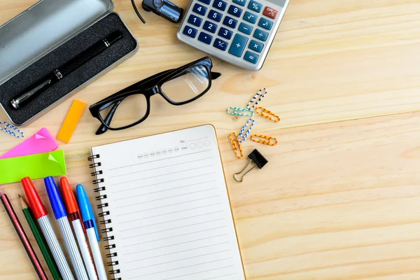 Blank notebook with office supply on desk — Stock Photo, Image