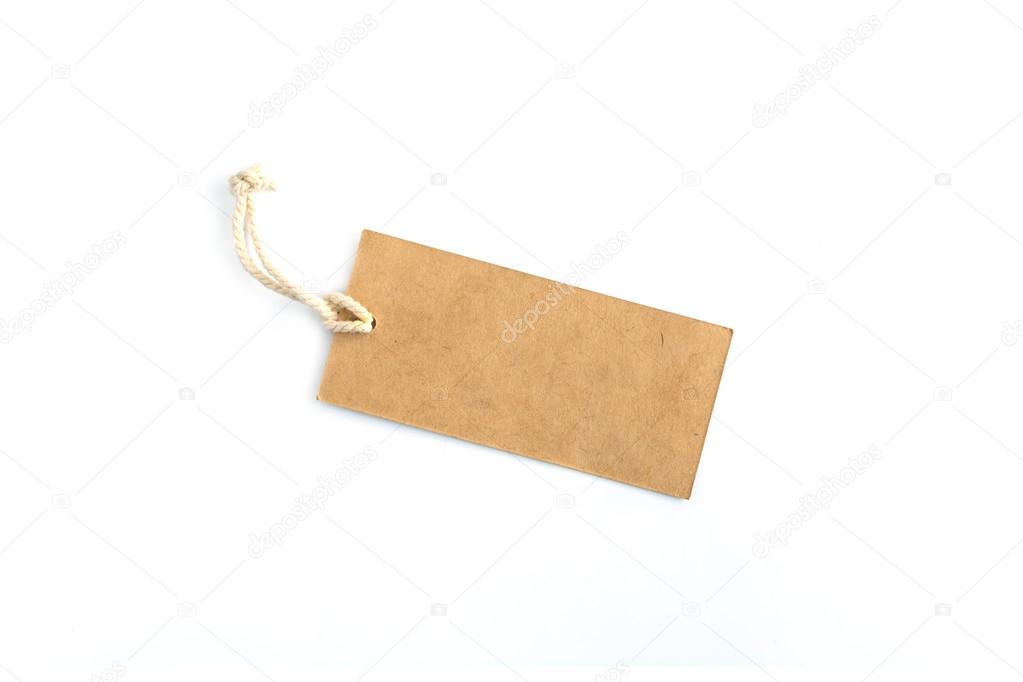 Blank brown tag tied with string isolated on white