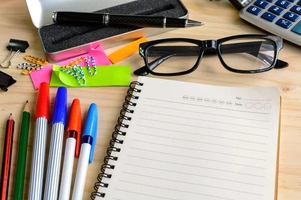 Blank notebook with office supply on desk — Stock Photo, Image