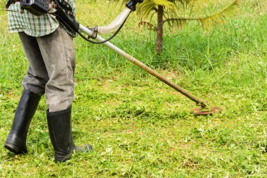 Çim biçme makinesi işçisi kesme çim bahçesinde bulunan ot düzeltici