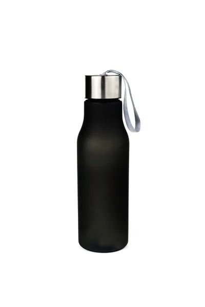 Black plastic bottle water canteen isolated white — Stock Photo, Image