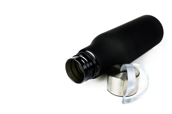 Black plastic bottle water canteen isolated white — Stock Photo, Image