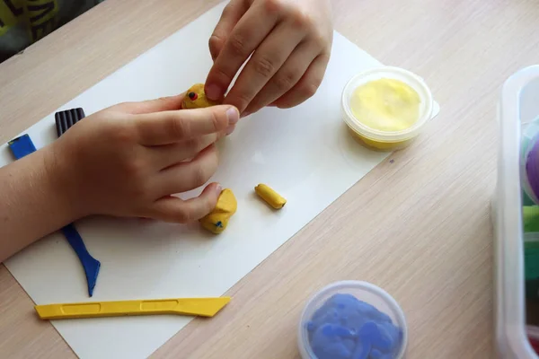 Çocuk Oyun Hamurundan Figürler Üretiyor Renkli Plastikli Çocuk Elleri Çocuklarda — Stok fotoğraf