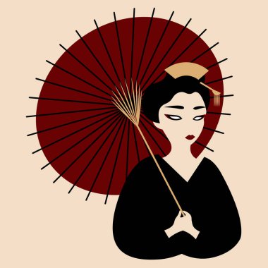 Siyah kimonolu, boş gözlü Japon geyşası kırmızı şemsiyeyle yürüyor.