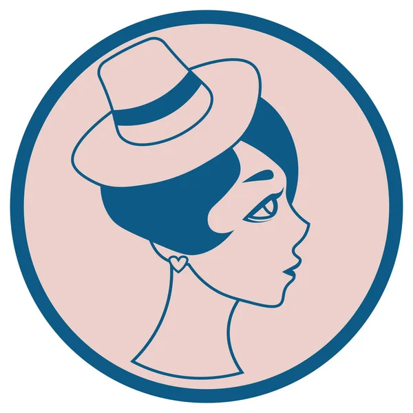 Icono Redondo Con Lindo Perfil Chica Retro Sombrero Pequeño — Vector de stock