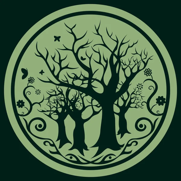 Abstraktes Monochromes Dunkelgrünes Symbol Mit Abstrakten Ästen Und Bäumen — Stockvektor