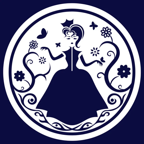 Monocromo Azul Oscuro Icono Princesa Cuento Hadas Con Flores Mariposas — Vector de stock