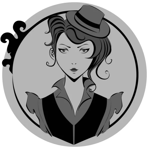 Monochrome Noir Gris Rétro Illustration Femme Chapeau — Image vectorielle