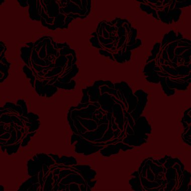 Çiçeksiz desen, koyu kırmızı arka planda soyut siyah güller.