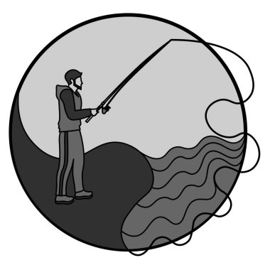 Tek renkli gri modern daire balıkçılık simgesi ve balıkçı genç adam.