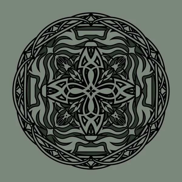 中世纪风格的抽象哥特式圆形曼陀罗 背景为灰绿色 — 图库矢量图片