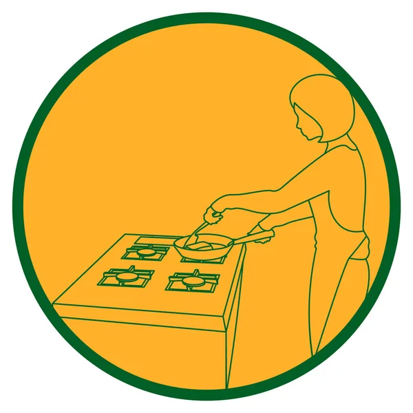 フライパンで女性を調理するという孤立した黄色い線のアートサークルのアイコン — ストックベクタ