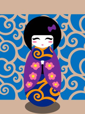 Güzel Japon Kokeshi bebeği dalgaların arkasında parlak çiçekli kimono giyiyor.