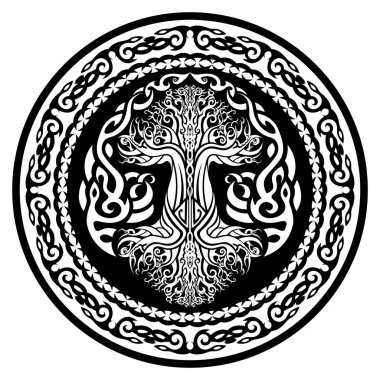 Süslü siyah beyaz tılsımlı yggdrasil, Viking yaşam ağacı kabile Kelt tarzında