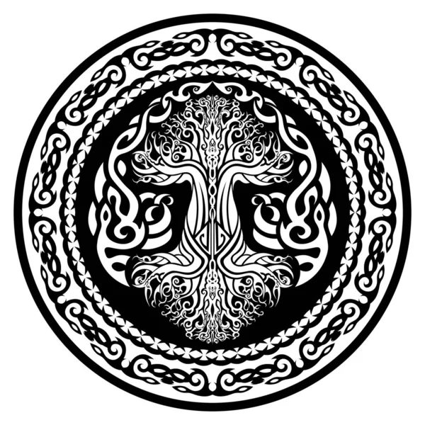 Amulette Ornementale Noire Blanche Avec Yggdrasil Arbre Vie Viking Dans — Image vectorielle