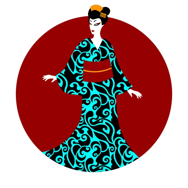 Colotful Illustration Japansk Geisha Svart Och Turkos Kimono — Stock vektor