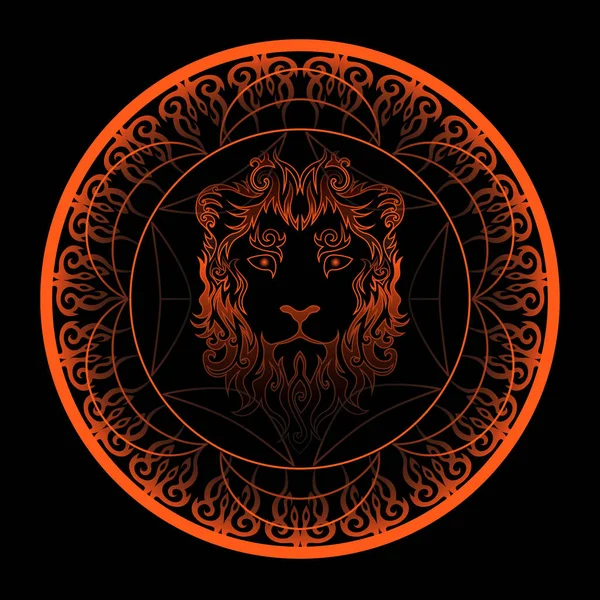 Abstrait Tourbillon Visage Lion Cercle Décoré Signe Léon — Image vectorielle