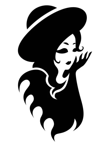白色背景的戴黑色帽子的可爱的最小复古女人 — 图库矢量图片