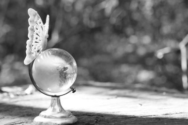 Küçük cam bir kürede oyuncak kelebek. Uyum ve barışın sembolü..