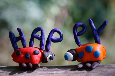 Plastikten yapılmış iki uğur böceği figürü. Yanındaki yazıt mutlu..