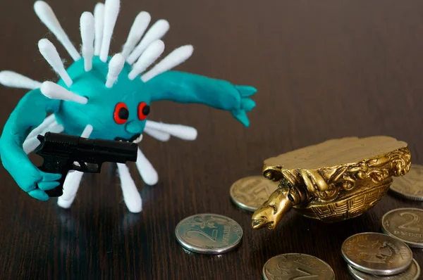 Virus Figurine Made Plasticine Toy Gun Next Metal Turtle Coins — Fotografia de Stock