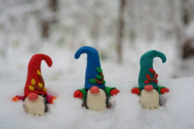 Ağaç dalındaki çok renkli cücelerin figürleri. Noel süslemeleri.