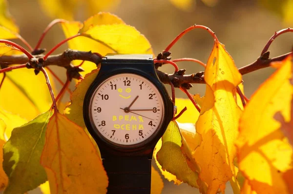 Ręczny Zegar Tle Jesiennych Liści Napis Zegarze Rosyjskiej Porze Jesieni — Zdjęcie stockowe