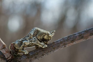 Metal boğa heykelciği yakın plan. 2021 'in sembolü.