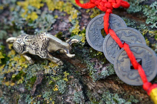 Metal bull figurine close-up. Nearby are Chinese Fengshui coins.