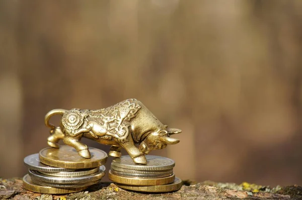 Metal bull with coins close-up.