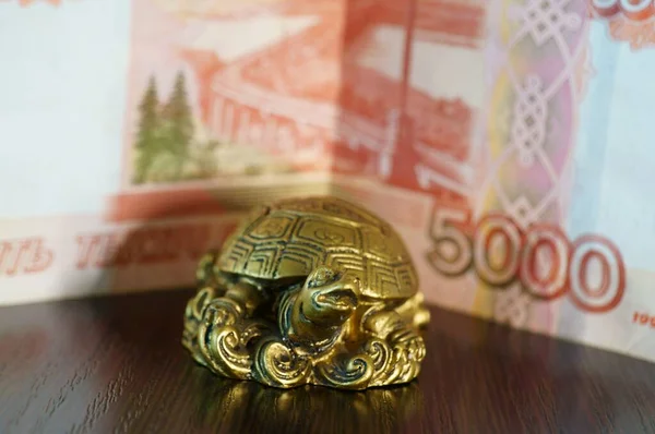 Metallsköldpaddan Symbol För Visdom Bredvid Den Finns Sedel — Stockfoto