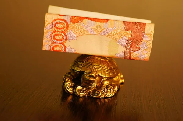 Metal turtle is a symbol of financial stability and good luck in business. On the back of the turtle is a banknote.