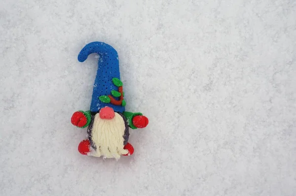 Figure Gnome Made Plasticine Background Snow — Stock Photo, Image